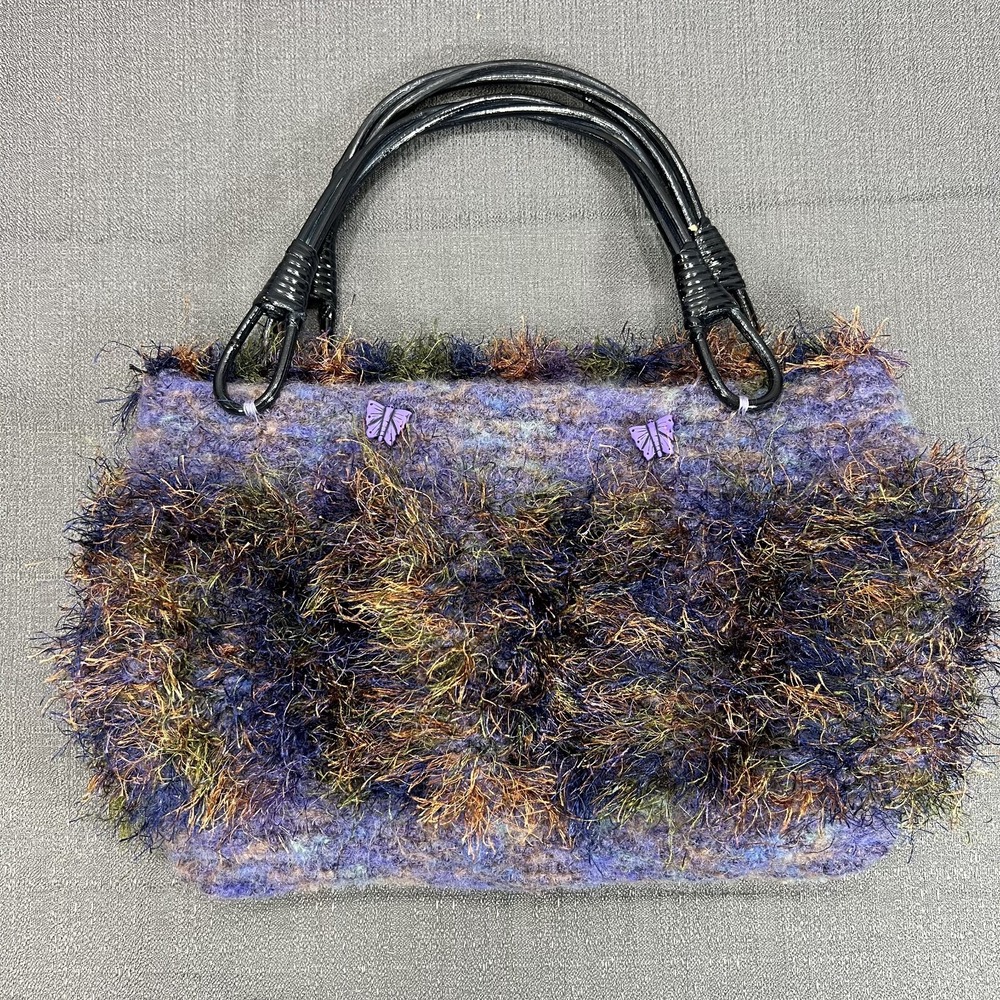Hand Knit Felt Wool Faux Mohair Trimmed‎ Butterfly Multi Purple Tote Bag Purse
